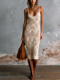 Chic Elegant Off-White Spaghetti Strap V-Neck Diamond Hollow-Out Detail Sleeveless Slim-Fit Knit Midi Dress
