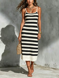 Chic Elegant Black-White Colorblock Stripes Spaghetti Straps Sleeveless Slim-Fit Knit Midi Dress