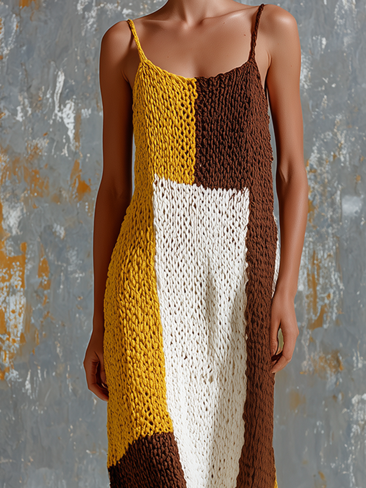 Chic Elegant White-Mustard Yellow-Brown Colorblock Spaghetti Strap Sleeveless Loose-Fit Knit Maxi Dress