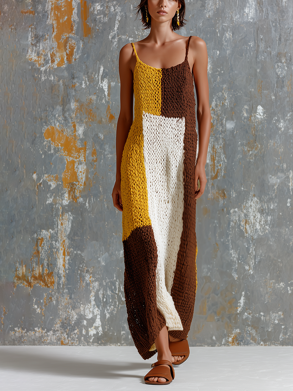 Chic Elegant White-Mustard Yellow-Brown Colorblock Spaghetti Strap Sleeveless Loose-Fit Knit Maxi Dress