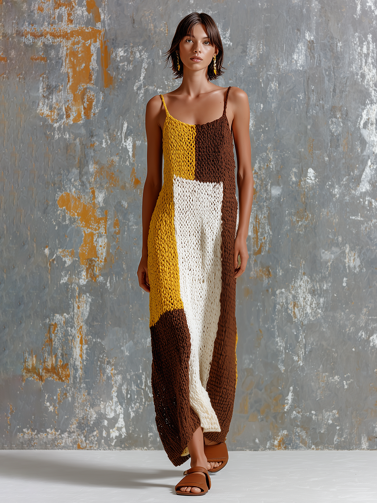 Chic Elegant White-Mustard Yellow-Brown Colorblock Spaghetti Strap Sleeveless Loose-Fit Knit Maxi Dress