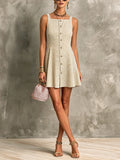 Chic Elegant Beige-Camel Pinstripes Square-Neck Sleeveless Single-Breasted Slim-Fit Knit Mini Dress