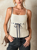 Chic Elegant Beige Spaghetti Straps Square-Neck Drawstring Waist Ribbed Detail Slim-Fit Knit Camisole