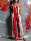 Chic Elegant Off White-Red Colorblock Cotton Linen Blend Spaghetti Straps V-Neck Button-Front Sleeveless Tailored-Waist Loose-Fit Wide-Leg Jumpsuit