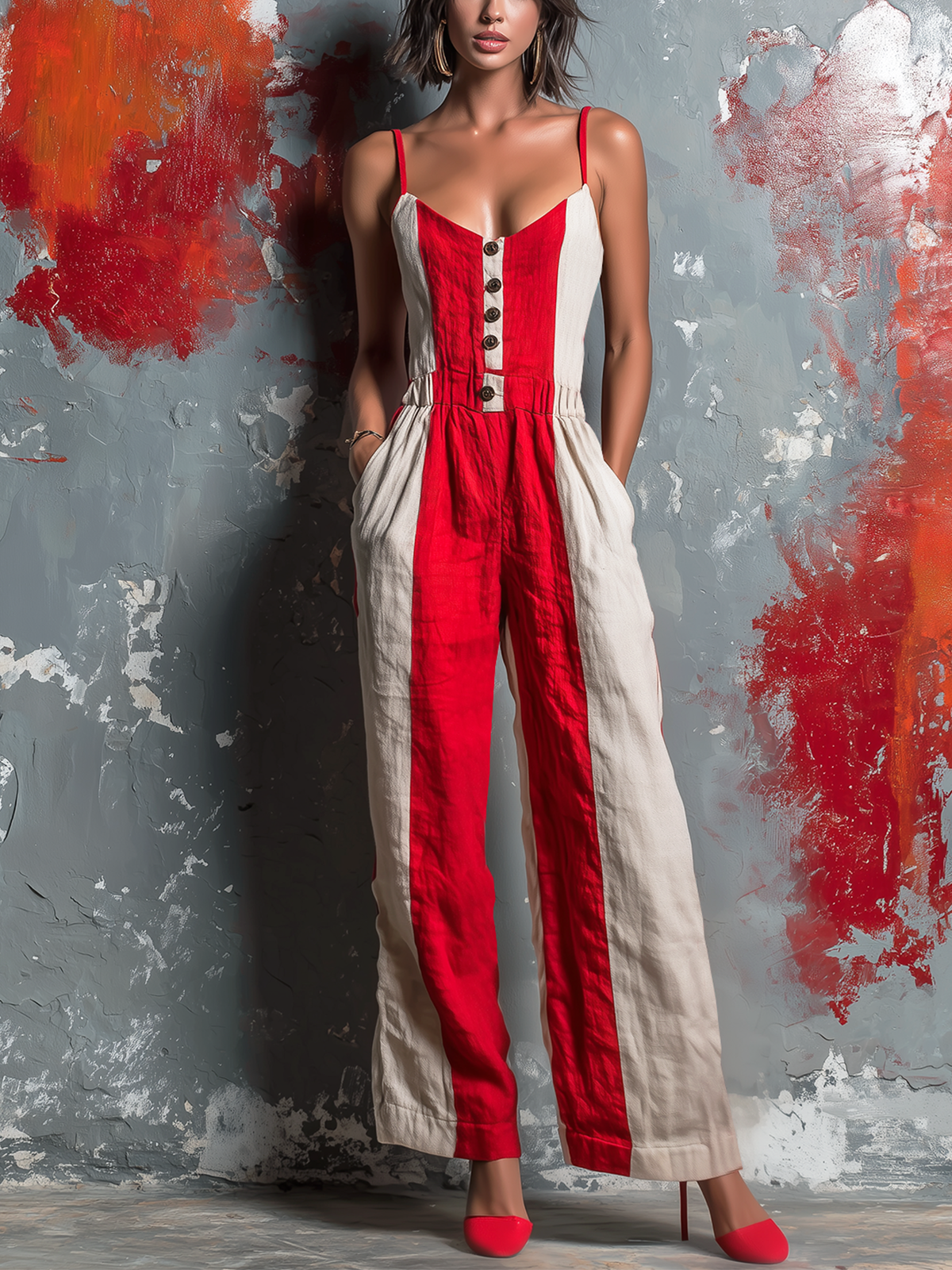 Chic Elegant Off White-Red Colorblock Cotton Linen Blend Spaghetti Straps V-Neck Button-Front Sleeveless Tailored-Waist Loose-Fit Wide-Leg Jumpsuit