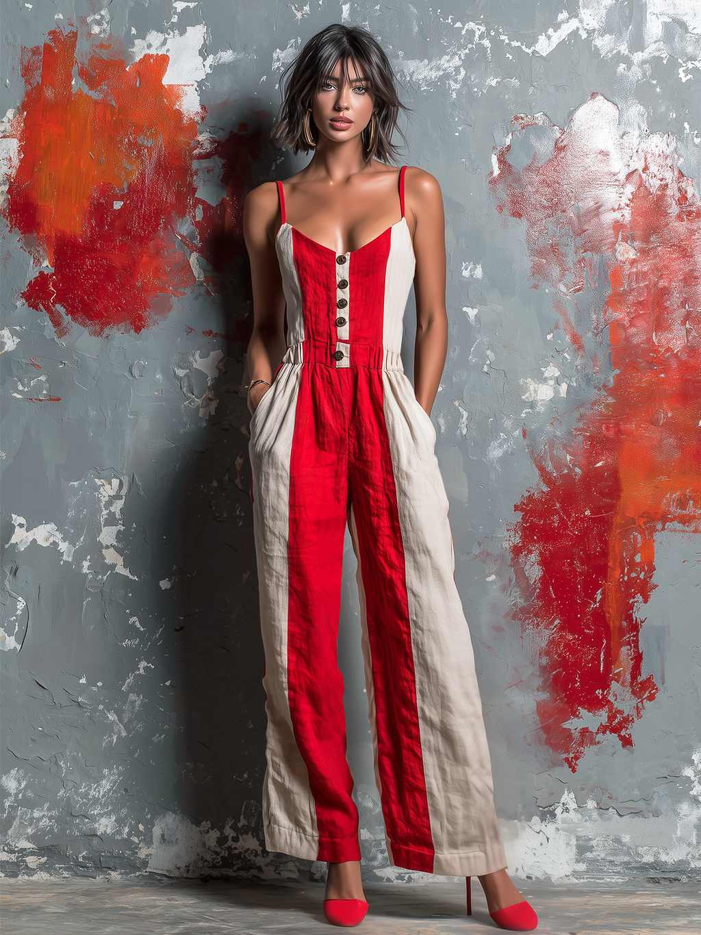 Chic Elegant Off White-Red Colorblock Cotton Linen Blend Spaghetti Straps V-Neck Button-Front Sleeveless Tailored-Waist Loose-Fit Wide-Leg Jumpsuit