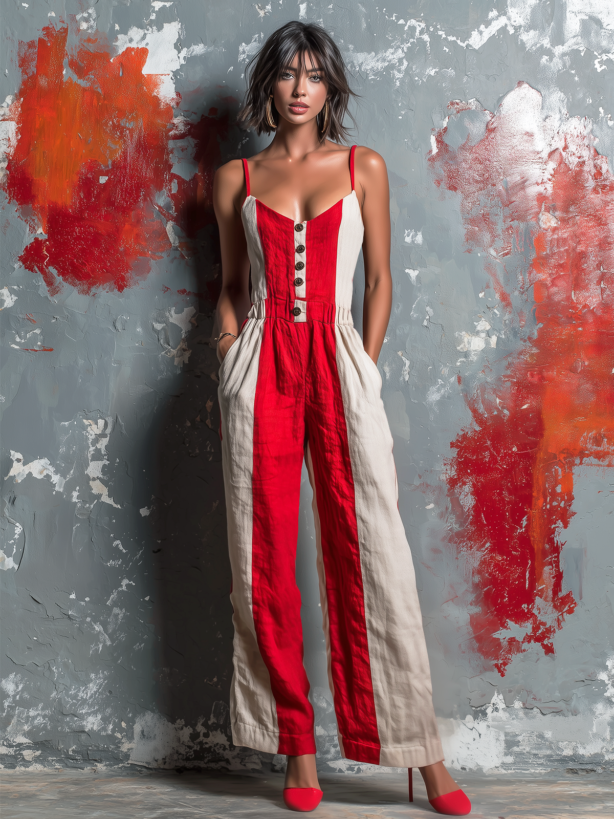 Chic Elegant Off White-Red Colorblock Cotton Linen Blend Spaghetti Straps V-Neck Button-Front Sleeveless Tailored-Waist Loose-Fit Wide-Leg Jumpsuit