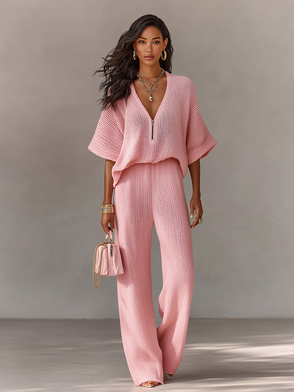 Chic Elegant Pink Zipper-Up V-Neck Short-Flare-Sleeve Loose-Fit Top Elastic-Waist Wide-Leg Pants Knit Two-Piece Set