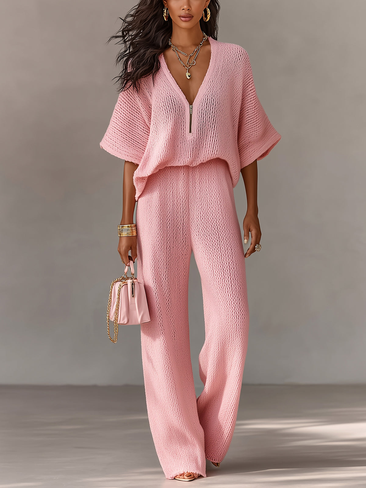 Chic Elegant Pink Zipper-Up V-Neck Short-Flare-Sleeve Loose-Fit Top Elastic-Waist Wide-Leg Pants Knit Two-Piece Set