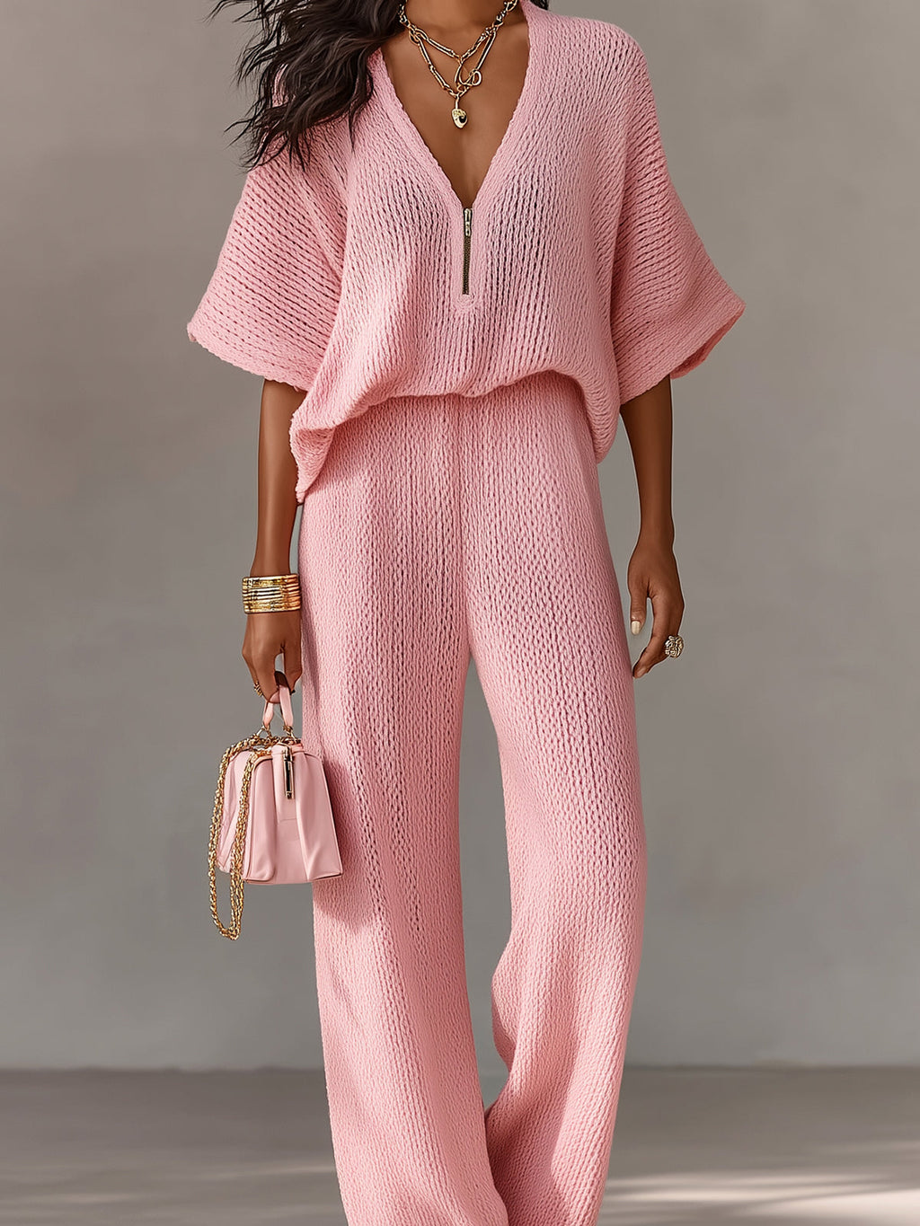 Chic Elegant Pink Zipper-Up V-Neck Short-Flare-Sleeve Loose-Fit Top Elastic-Waist Wide-Leg Pants Knit Two-Piece Set
