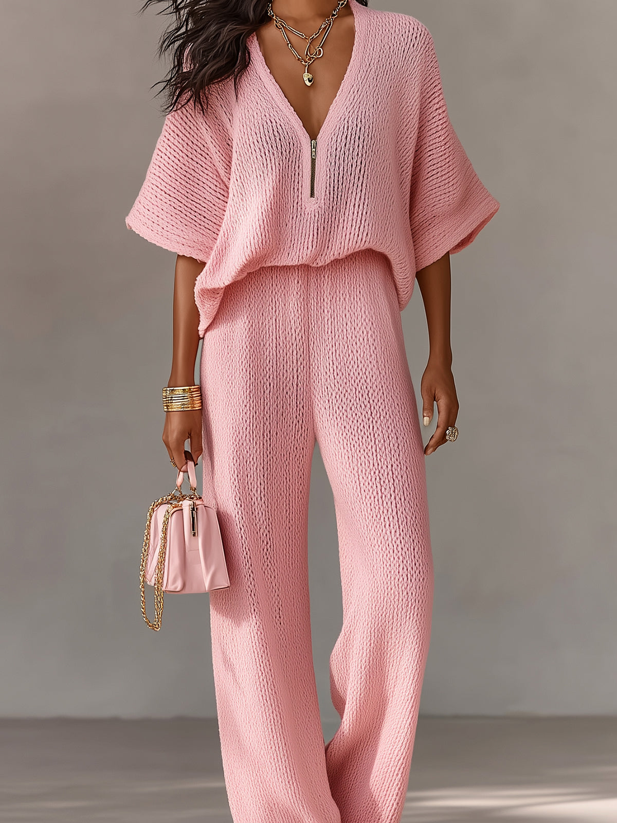 Chic Elegant Pink Zipper-Up V-Neck Short-Flare-Sleeve Loose-Fit Top Elastic-Waist Wide-Leg Pants Knit Two-Piece Set