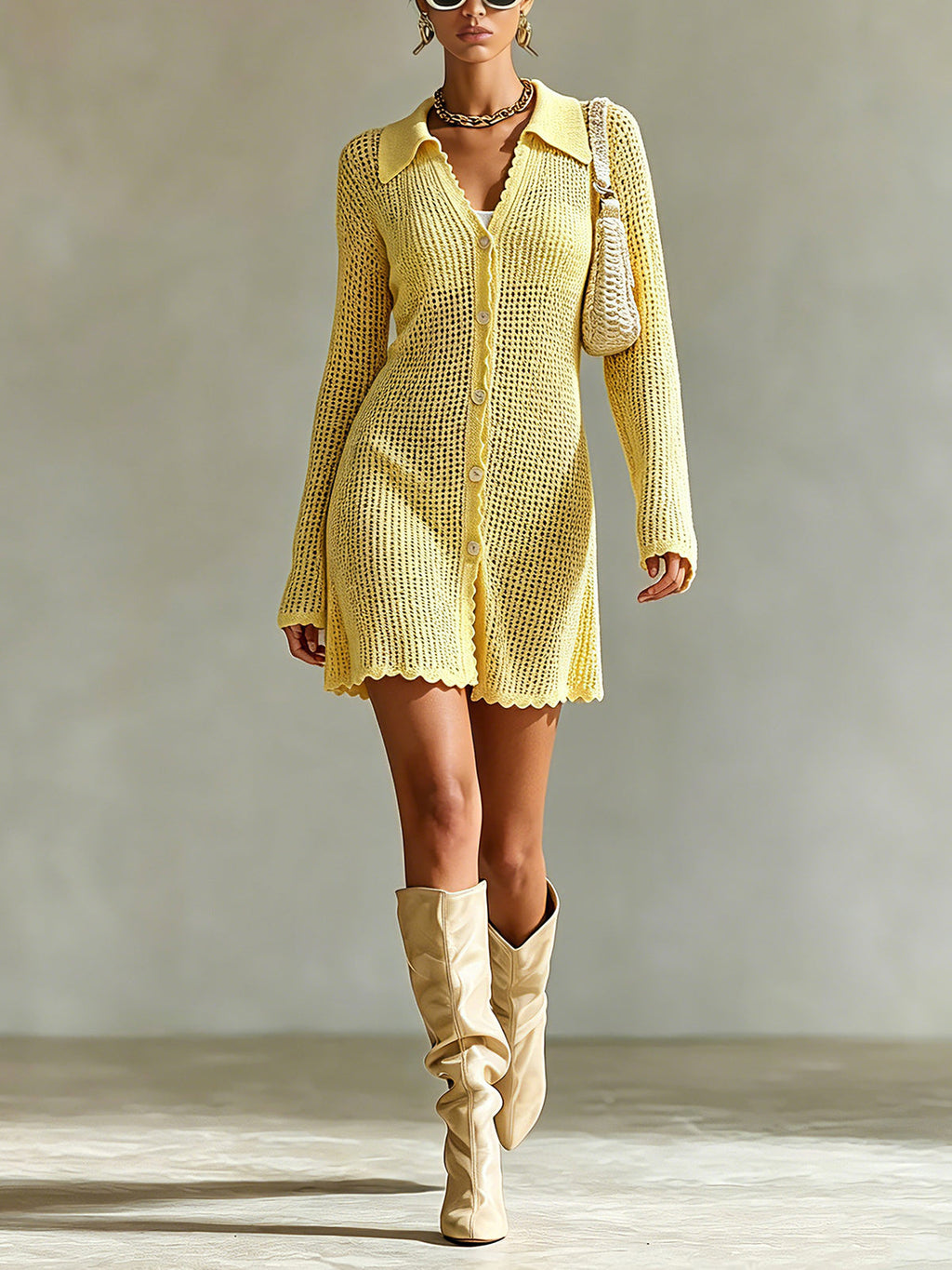 Chic Elegant Yellow Lapel-Collar Long-Sleeve Single-Breasted Trim Detail Loose-Fit A-Line Mesh Knit Mini Dress