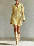 Chic Elegant Yellow Lapel-Collar Long-Sleeve Single-Breasted Trim Detail Loose-Fit A-Line Mesh Knit Mini Dress