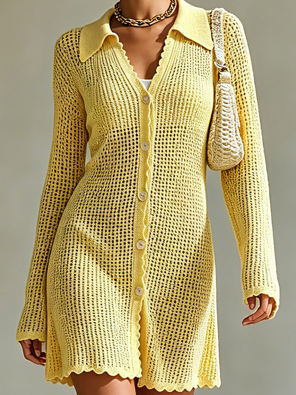 Chic Elegant Yellow Lapel-Collar Long-Sleeve Single-Breasted Trim Detail Loose-Fit A-Line Mesh Knit Mini Dress