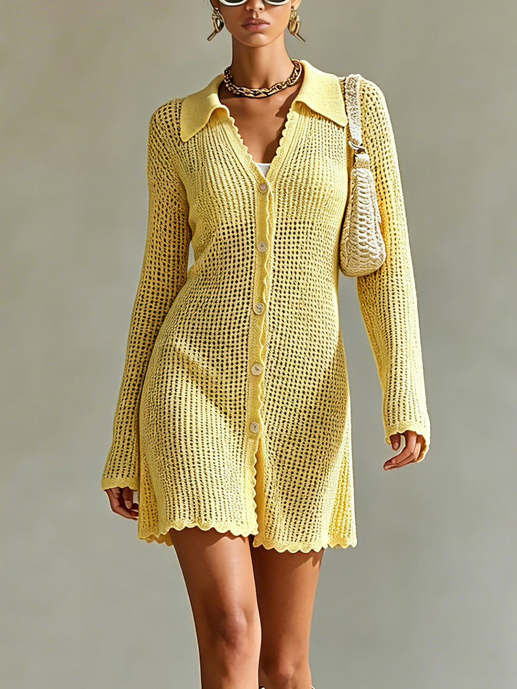 Chic Elegant Yellow Lapel-Collar Long-Sleeve Single-Breasted Trim Detail Loose-Fit A-Line Mesh Knit Mini Dress