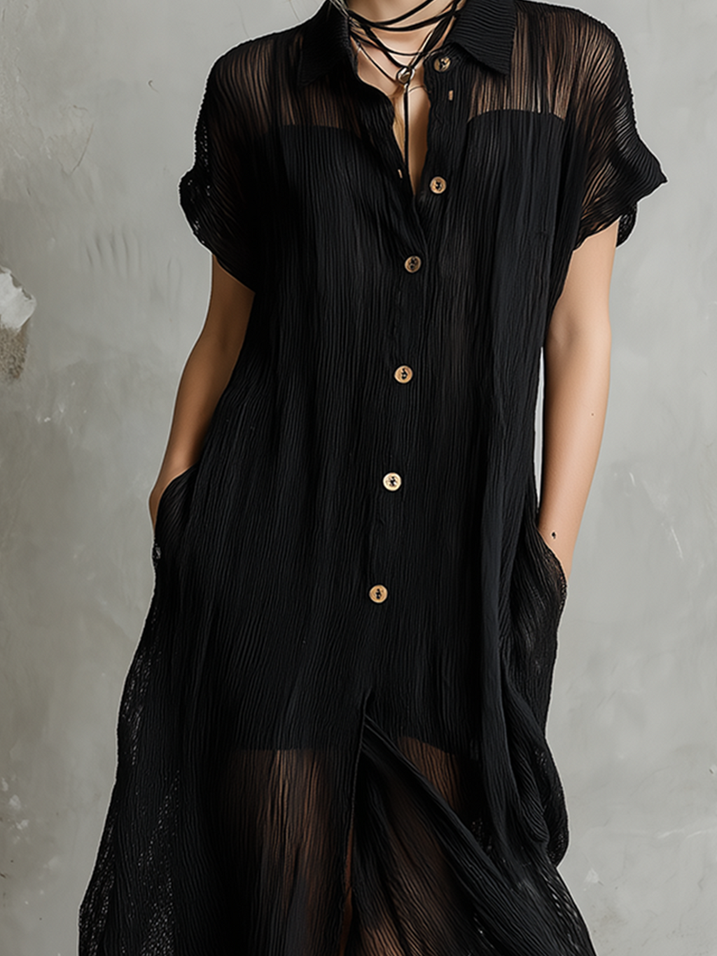 Chic Elegant Black Lapel Collar Single-Breasted Short-Sleeve Loose-Fit Asymmetrical Hem Crinkle Sheer Woven Fabric Midi Dress