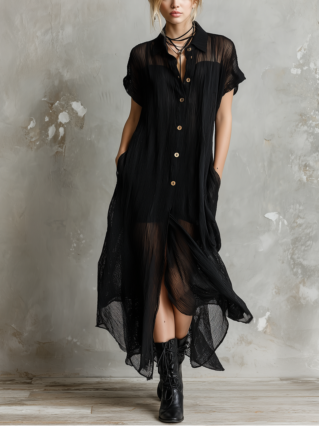 Chic Elegant Black Lapel Collar Single-Breasted Short-Sleeve Loose-Fit Asymmetrical Hem Crinkle Sheer Woven Fabric Midi Dress