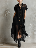Chic Elegant Black Lapel Collar Single-Breasted Short-Sleeve Loose-Fit Asymmetrical Hem Crinkle Sheer Woven Fabric Midi Dress