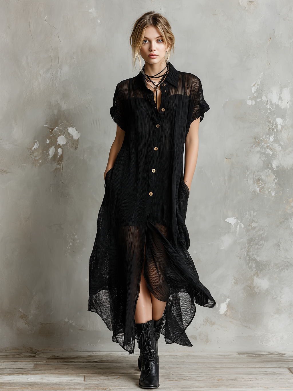 Chic Elegant Black Lapel Collar Single-Breasted Short-Sleeve Loose-Fit Asymmetrical Hem Crinkle Sheer Woven Fabric Midi Dress