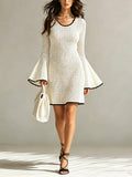 Chic Elegant Beige Round-Neck Long-Flare-Sleeve Black Trim Detail A-Line Mesh Knit Mini Dress