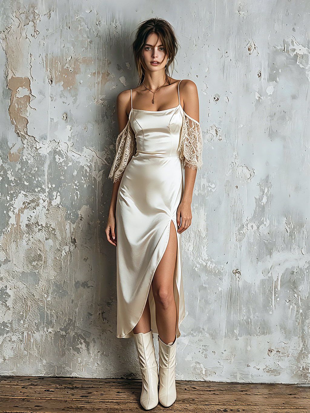 Chic Elegant Off White Spaghetti Strap Square Neck Lace Cold Shoulder Sleeve Slim-Fit Side Slit Satin Midi Dress