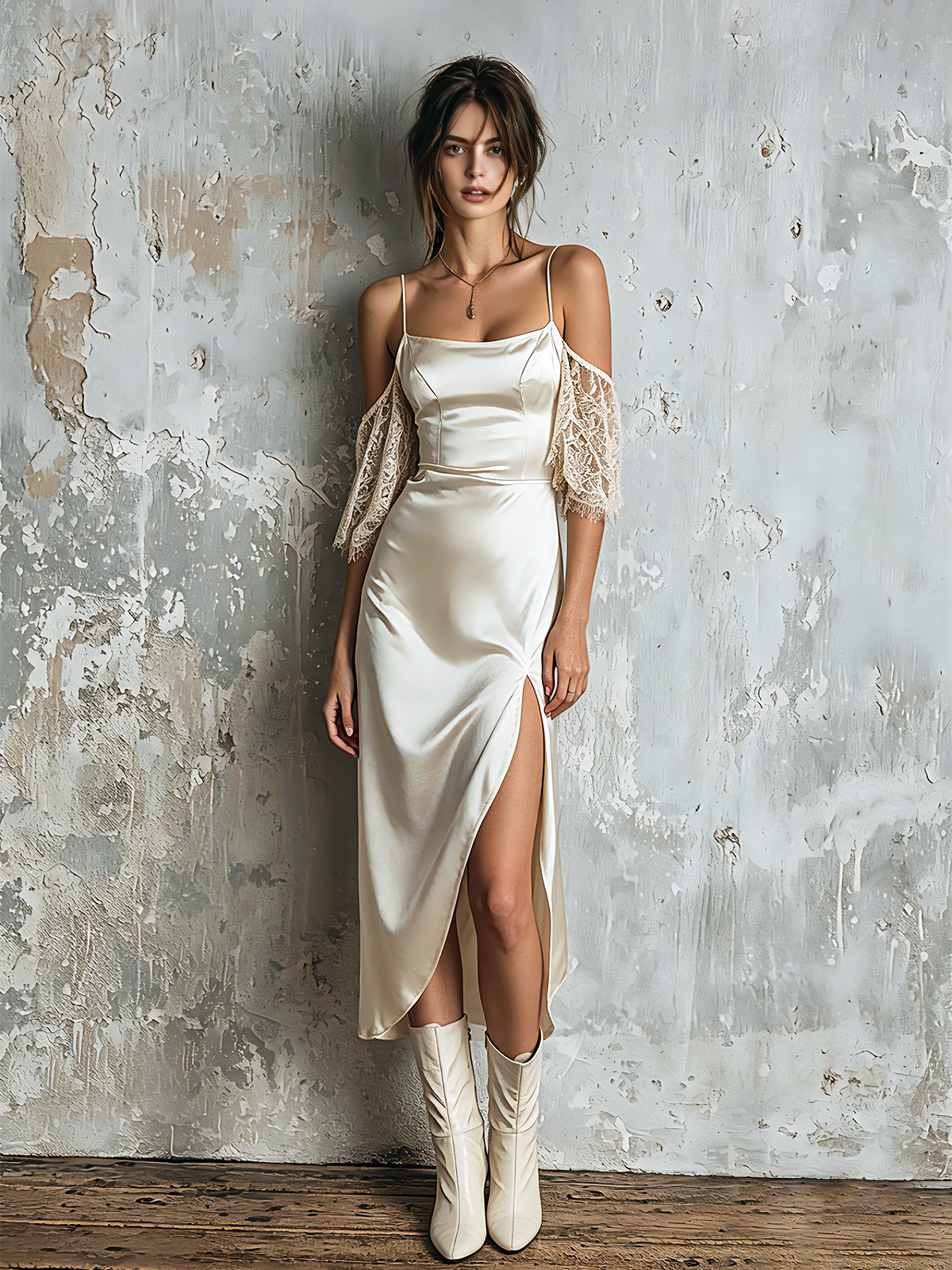 Chic Elegant Off White Spaghetti Strap Square Neck Lace Cold Shoulder Sleeve Slim-Fit Side Slit Satin Midi Dress