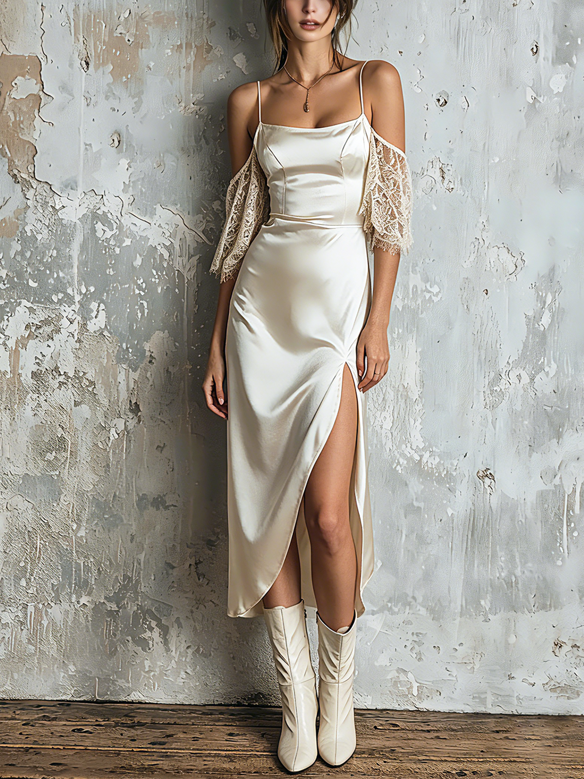 Chic Elegant Off White Spaghetti Strap Square Neck Lace Cold Shoulder Sleeve Slim-Fit Side Slit Satin Midi Dress