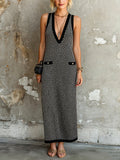 Chic Elegant Black-White Stripes Colorblock Deep V-Neck Sleeveless Pocket Detail A-Line Knit Maxi Dress