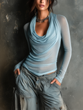 Chic Casual Blue Cowl Neck Long Sleeve Slim-Fit Mesh Knit Sweater Top