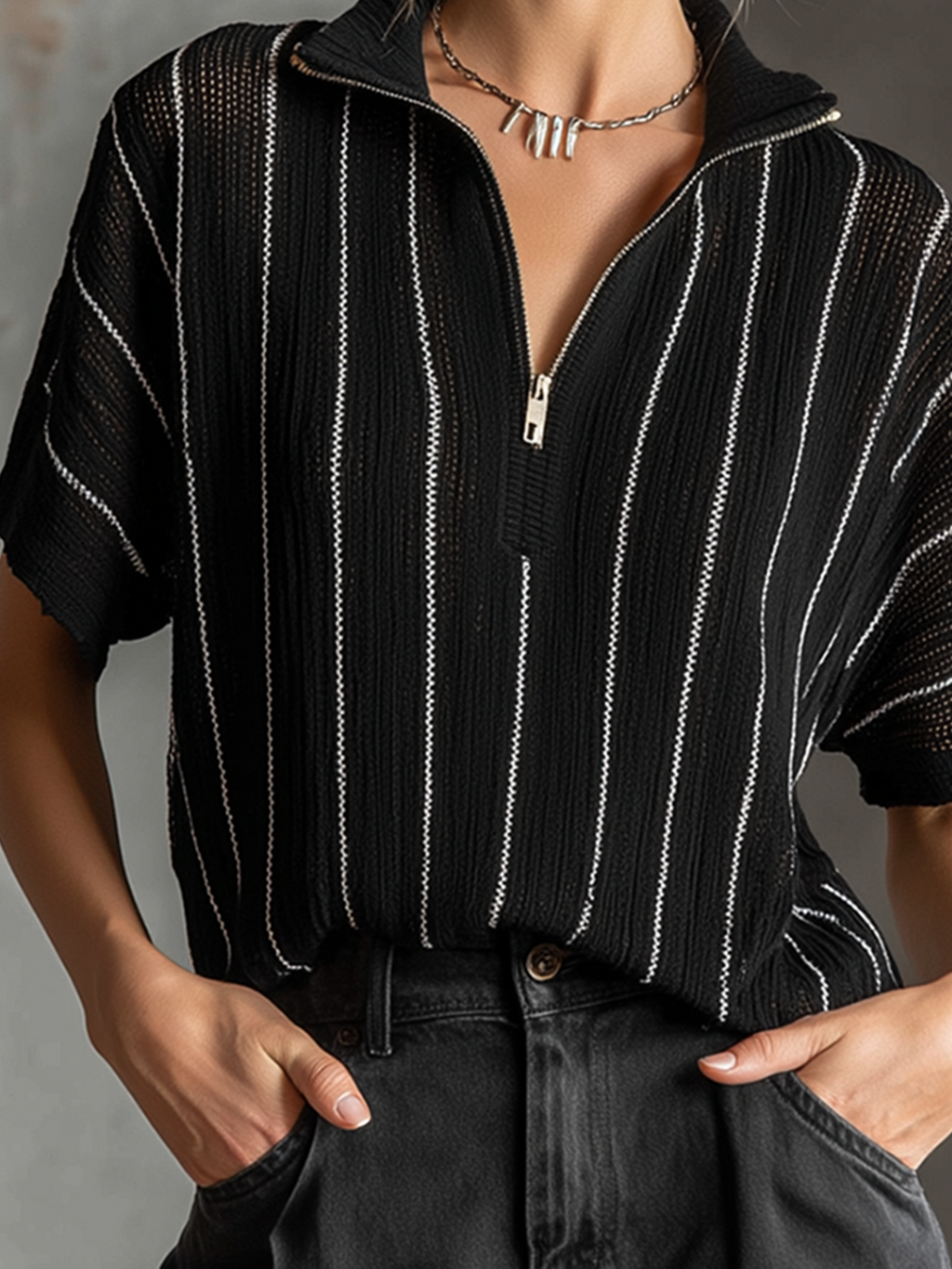 Chic Casual Black-White Stripes  Stand Collar Zipper-Front Short-Sleeve Loose-Fit Mesh Knit Sweater Top