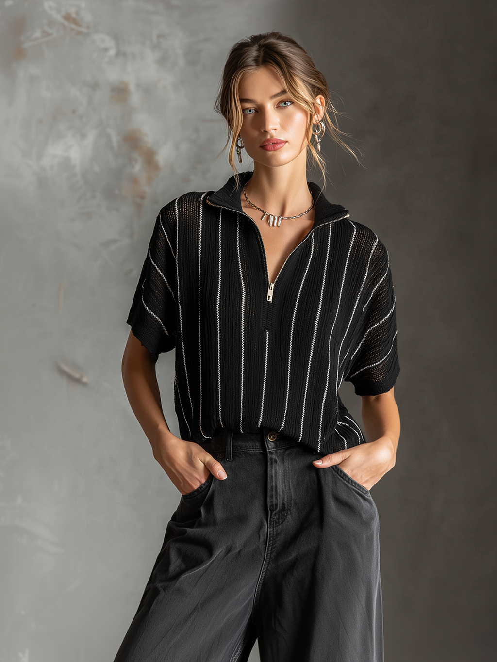 Chic Casual Black-White Stripes  Stand Collar Zipper-Front Short-Sleeve Loose-Fit Mesh Knit Sweater Top