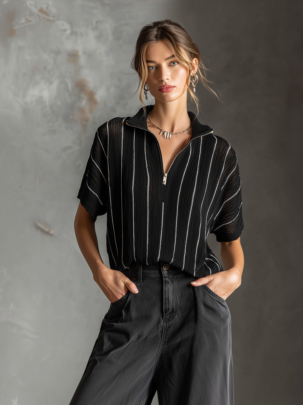 Chic Casual Black-White Stripes  Stand Collar Zipper-Front Short-Sleeve Loose-Fit Mesh Knit Sweater Top