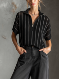 Chic Casual Black-White Stripes  Stand Collar Zipper-Front Short-Sleeve Loose-Fit Mesh Knit Sweater Top