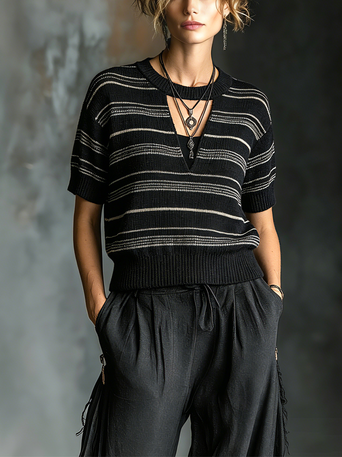 Chic Casual Black-White Stripes Round-Neck Keyhole Cutout Short-Sleeve Loose-Fit Knit Sweater Top