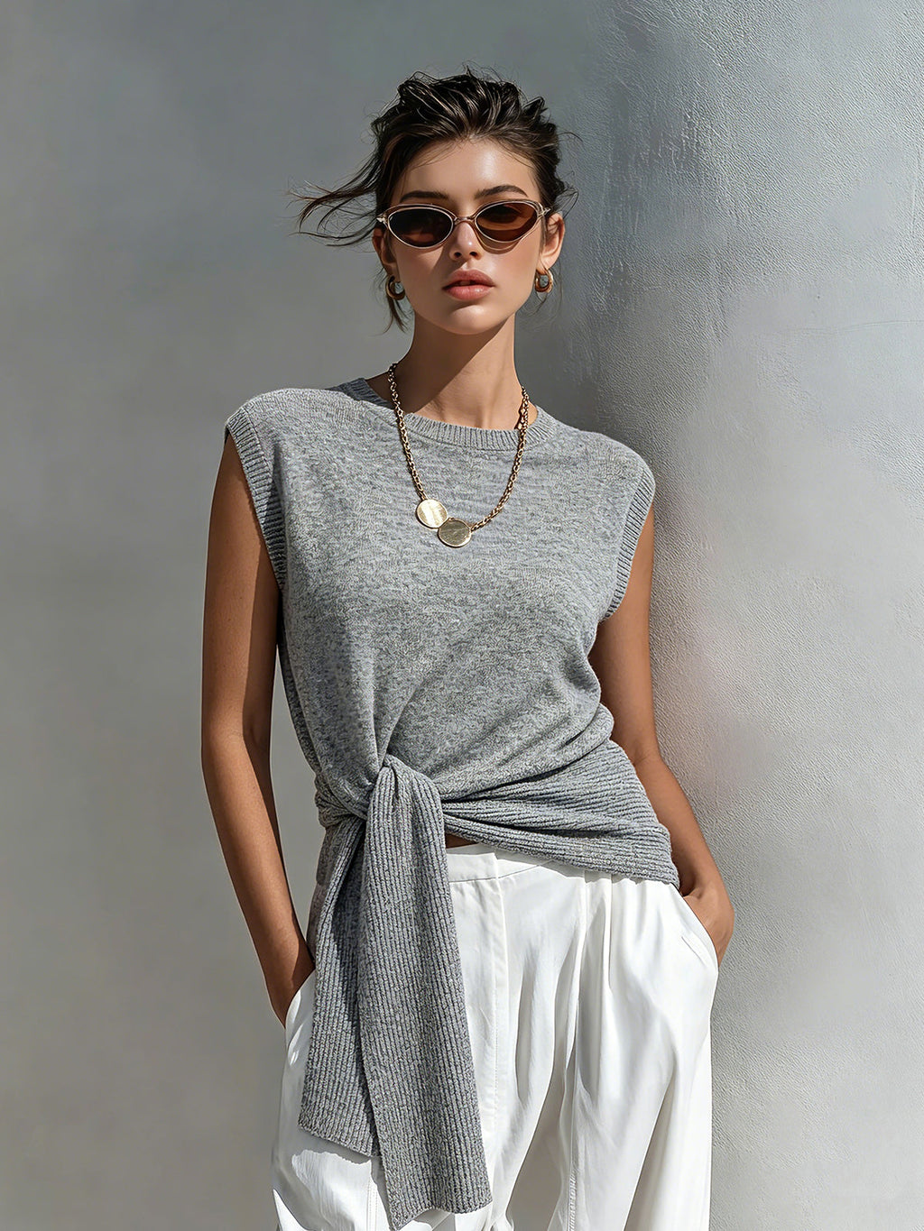 Chic Elegant Gray Round-Neck Sleeveless Rib Detail Tie-Waist Loose-Fit Knit Vest Top