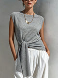 Chic Elegant Gray Round-Neck Sleeveless Rib Detail Tie-Waist Loose-Fit Knit Vest Top
