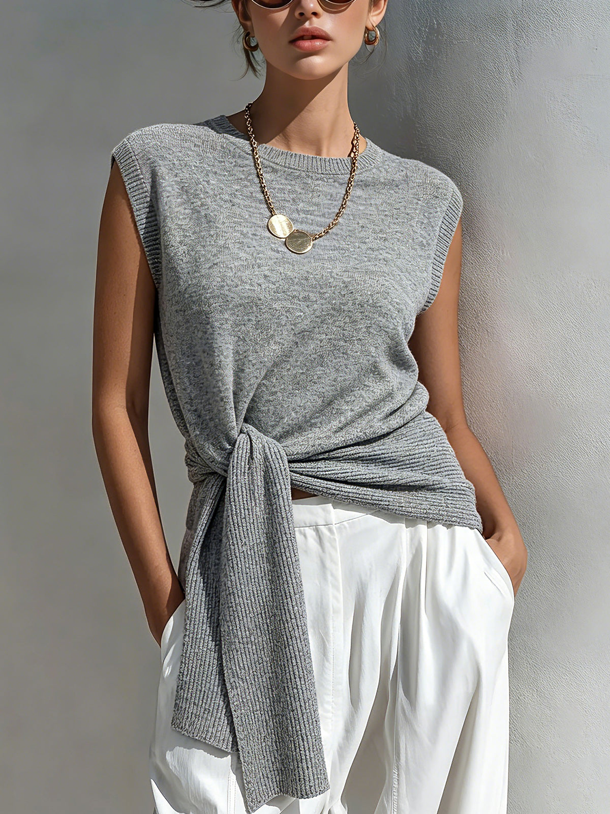 Chic Elegant Gray Round-Neck Sleeveless Rib Detail Tie-Waist Loose-Fit Knit Vest Top