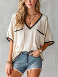 Chic Elegant Beige V-Neck Short-Sleeve Black Trim Detail  Patch Pockets Oversize Knit Sweater Top