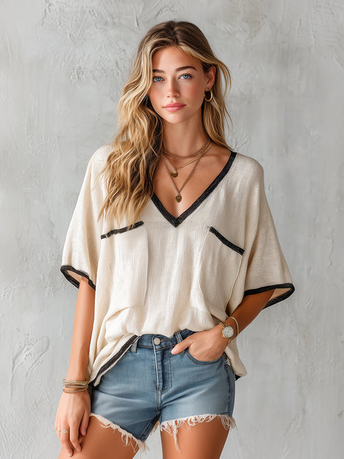 Chic Elegant Beige V-Neck Short-Sleeve Black Trim Detail  Patch Pockets Oversize Knit Sweater Top