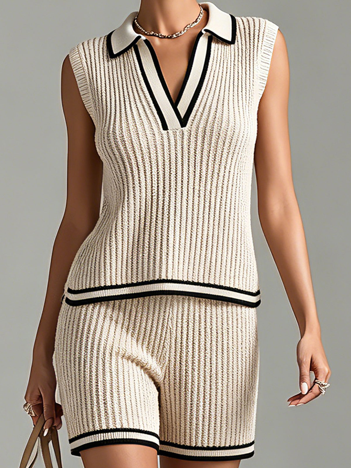 Chic Elegant Beige-Black Colorblock Lapel V-Neck Vest Elastic-Waist Shorts Slim-Fit Ribbed Knit Two-Piece Set