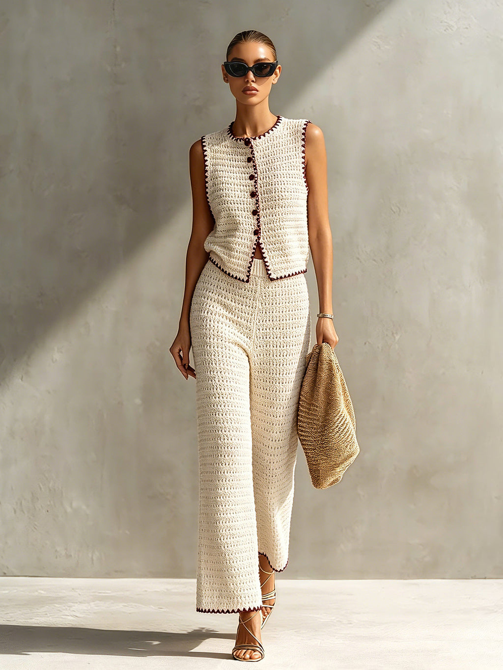 Chic Elegant Beige Round-Neck Single-Breasted Vest Elastic-Waist Wide-Leg Pants Red Trim Detail Slim-Fit Knit Two-Piece Set