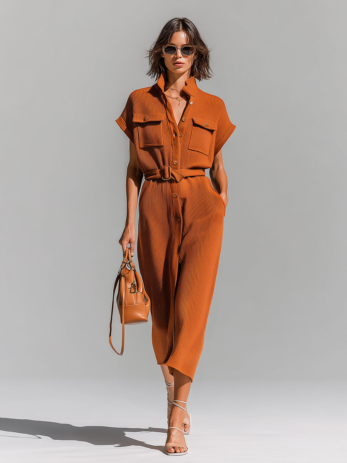 Chic Elegant Orange Stand-Collar Single-Breasted Belted-Waist Multi-Pockets Loose-Fit Ribbed Knit Midi Dress