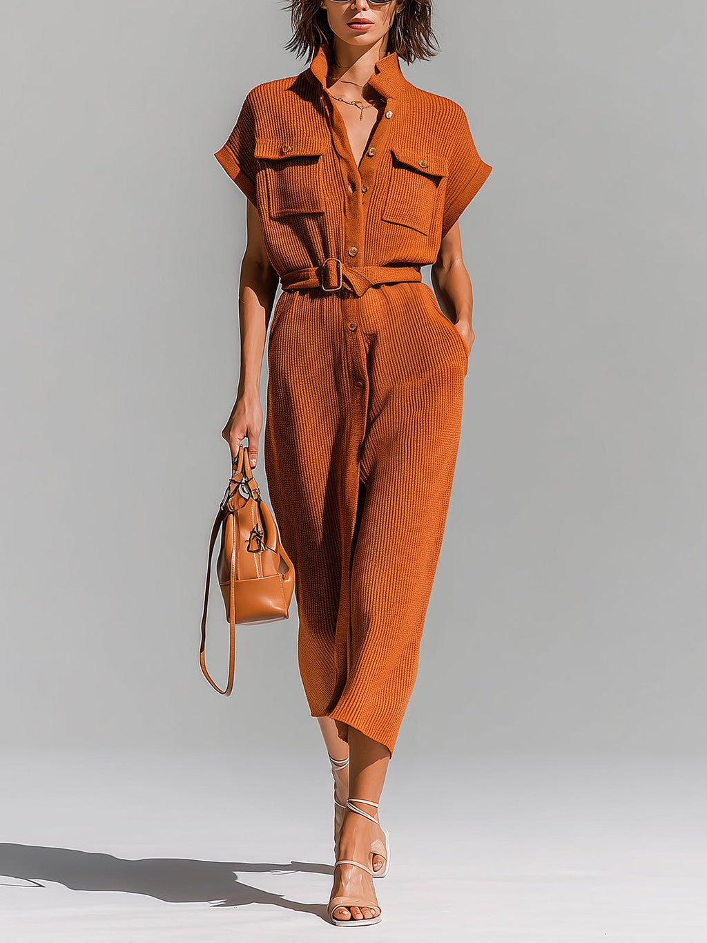 Chic Elegant Orange Stand-Collar Single-Breasted Belted-Waist Multi-Pockets Loose-Fit Ribbed Knit Midi Dress