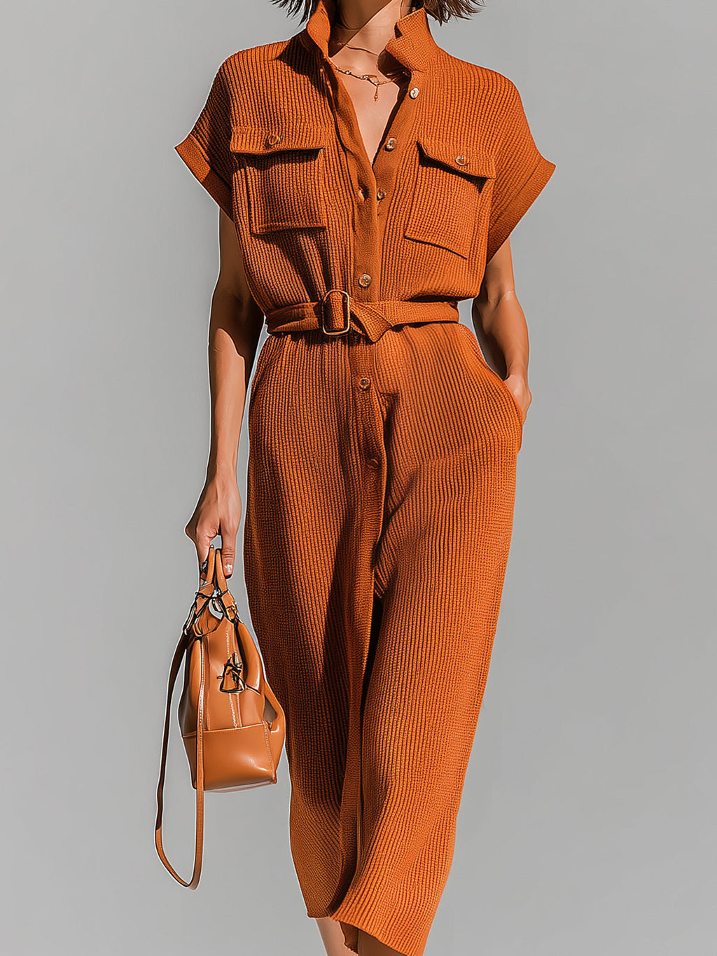 Chic Elegant Orange Stand-Collar Single-Breasted Belted-Waist Multi-Pockets Loose-Fit Ribbed Knit Midi Dress