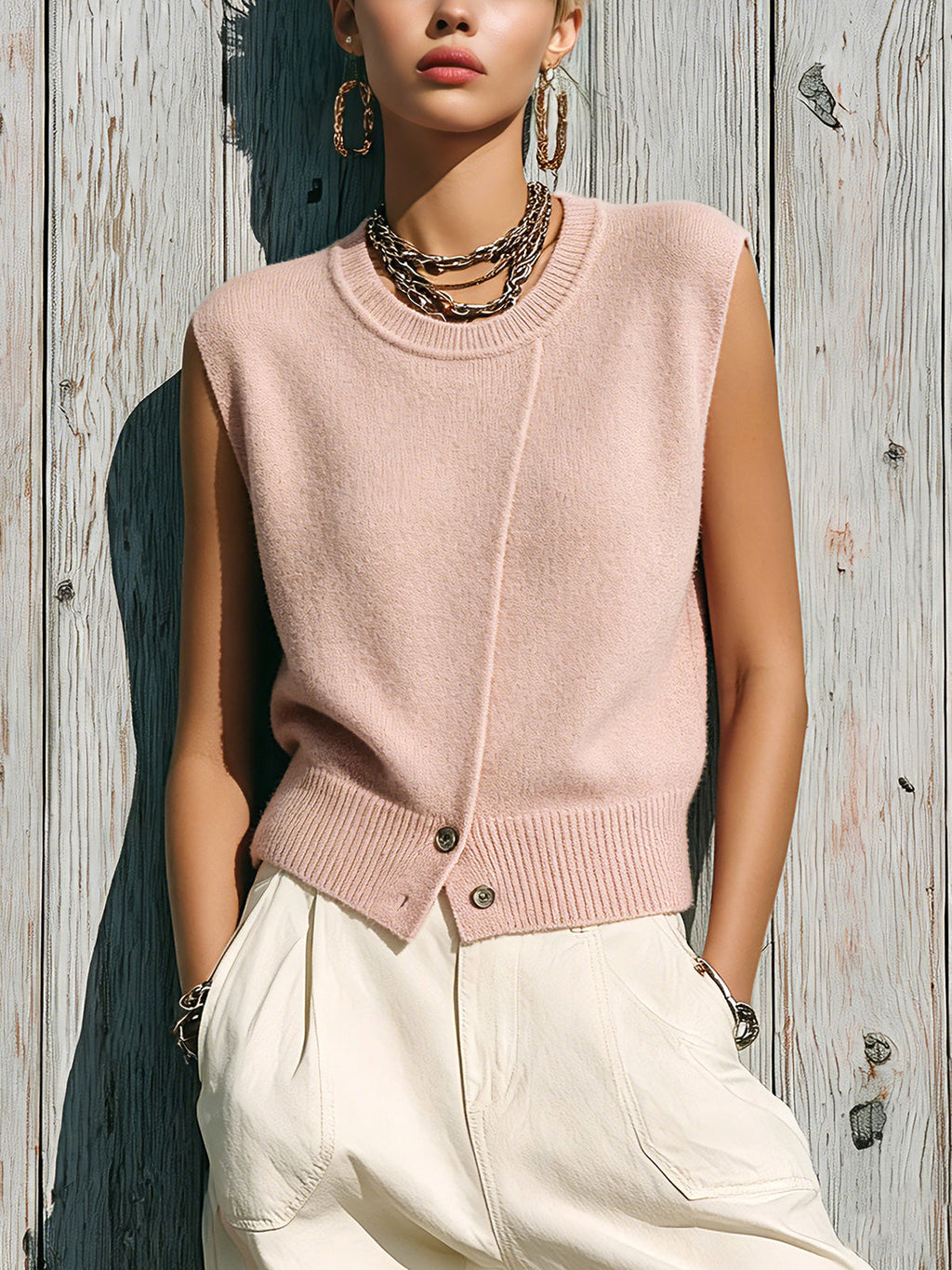 Chic Elegant Light Pink Round-Neck Sleeveless Button-Front Loose-Fit Ribbed Knit Vest Top