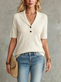 Chic Elegant Beige Button-Up Peaked Collar Short-Sleeve Loose-Fit Ribbed Knit Sweater Top