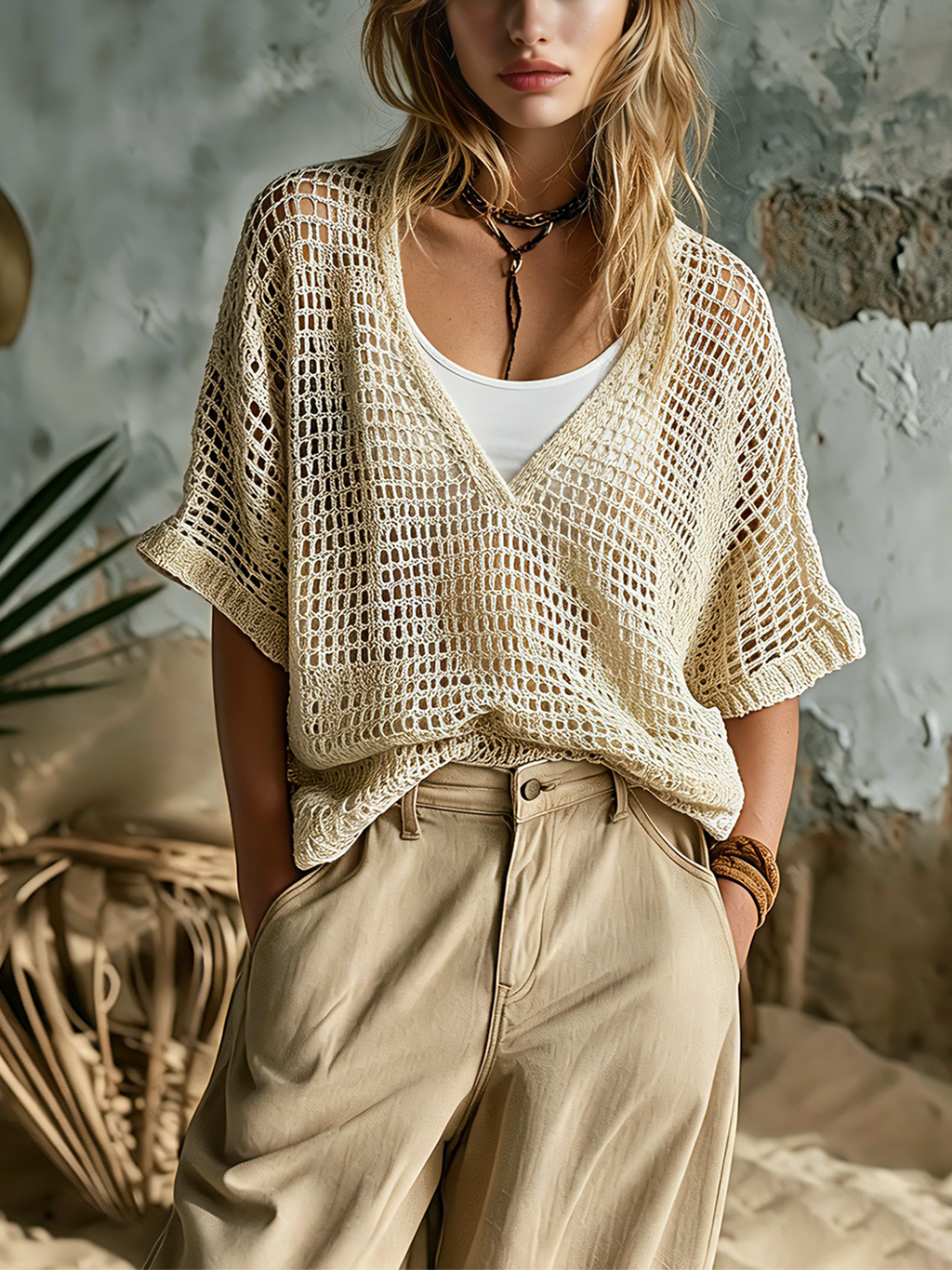 Chic Casual Beige V-Neck Short-Sleeve Hollow-Out Loose-Fit Knit Sweater Top