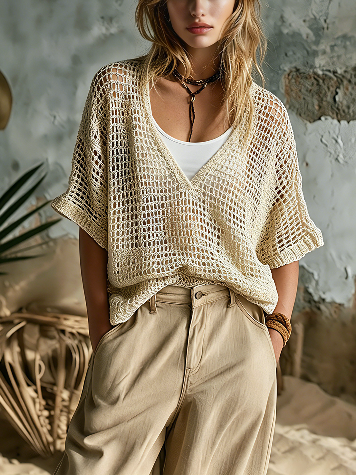 Chic Casual Beige V-Neck Short-Sleeve Hollow-Out Loose-Fit Knit Sweater Top