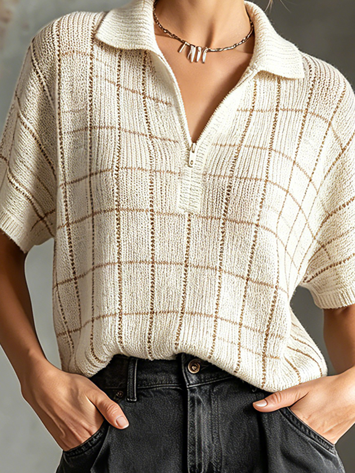 Chic Casual Off White Lapel-Collar Zipper-Up Grid Plaid Short-Sleeve Hollow-Out Loose-Fit Knit Sweater Top