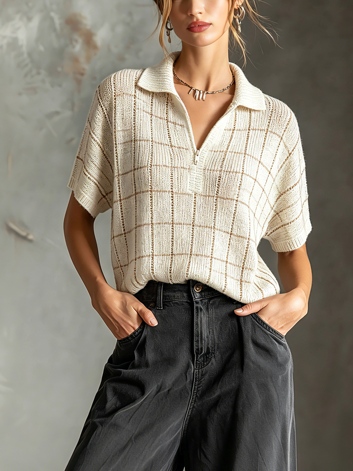 Chic Casual Off White Lapel-Collar Zipper-Up Grid Plaid Short-Sleeve Hollow-Out Loose-Fit Knit Sweater Top